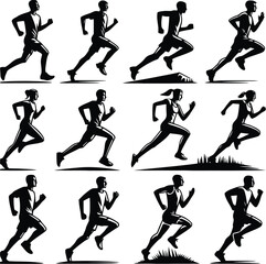 Running man and woman black silhouette isolated vector illustration. Running couple, jogging couple.