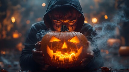 Fototapeta premium A man is holding a pumpkin with a scary face on it. The pumpkin is lit up and surrounded by smoke. The scene has a spooky and eerie mood, which is typical of Halloween