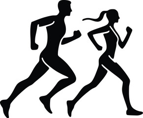 Running man and woman black silhouette isolated vector illustration. Running couple, jogging couple.