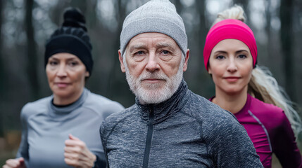 Fototapeta premium Active Lifestyle A dynamic group of senior People jogging in nature showcasing fitness and healthy living