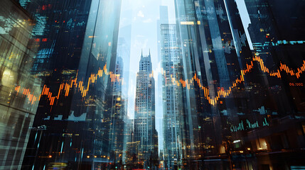 Fototapeta premium An impressive double exposure photograph that contrasts an ascending stock market graph with the majestic skyscrapers of a financial district.