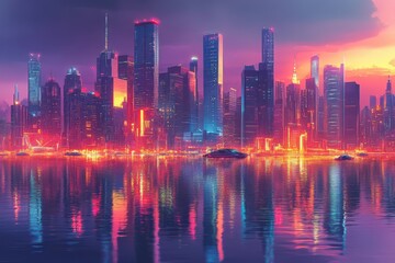 Fototapeta premium A vibrant city skyline at dusk, reflecting colorful lights on water.