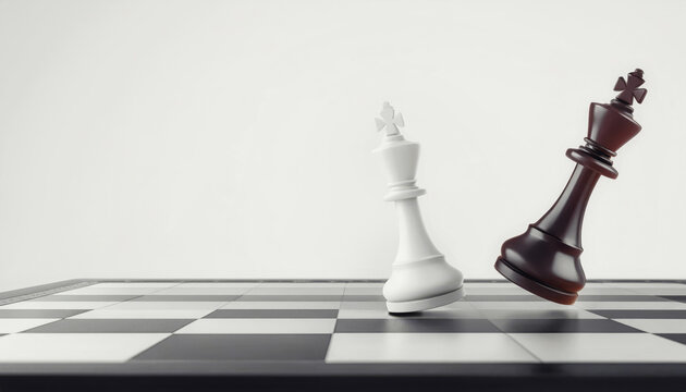 Dynamic chess scene showcasing a white and black king in motion on a checkered board, symbolizing strategy and competition.