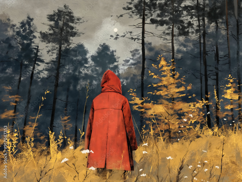 Wall mural a person in a red coat is standing in a field of yellow grass. the sky is cloudy and the sun is sett