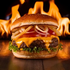 Delicious spicy fried chicken burger ads with burning fire on dark background.
