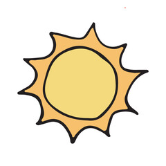 A cheerful, hand-drawn sun illustration with vibrant yellow and orange colors. The simple and playful design captures the essence of a bright, sunny day, perfect for summer-themed projects.