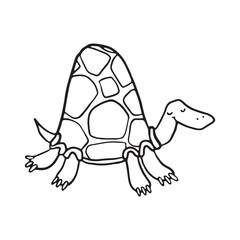A delightful black and white illustration of a tortoise with a smiling face, walking slowly. Simple design is perfect for educational books, children's activities, or as a fun coloring page for kids.
