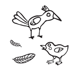 A charming black and white illustration featuring two cartoon birds along with a few feathers. for children's books, educational content, or coloring activities. The larger bird stands tall.