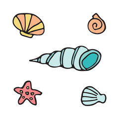 Vibrant collection of beach shells and starfish. Coastal marine illustration captures the essence of seaside vacations and ocean treasures.