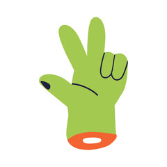 Cartoon illustration of a green alien hand showing a peace sign. Fun and playful design, perfect for Halloween themes, spooky decorations, or quirky character concepts.