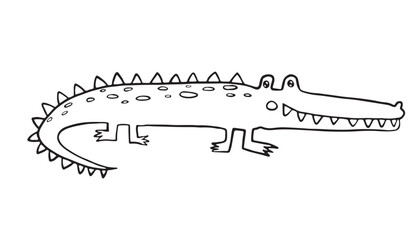 Fototapeta premium Playful black and white outline of a crocodile with visible spikes along its back. This friendly-looking crocodile is ideal for children's coloring books, educational materials, jungle-themed design.