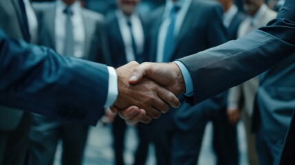 A close-up of businessmen shaking hands after a successful negotiation, showcasing the conclusion of a business deal.