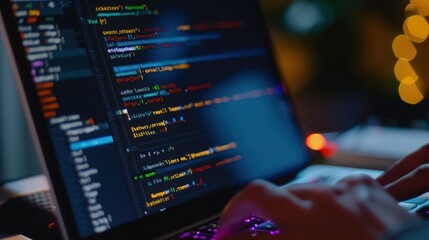 A close-up of code being written in a text editor, with syntax highlighting and code suggestions visible on the screen.