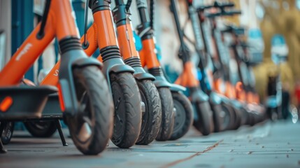 A close-up of electric scooters lined up on a city sidewalk, illustrating the growing trend of eco-friendly personal transportation.