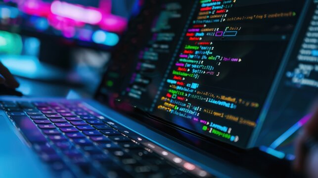 A close-up of code being written in a text editor, with syntax highlighting and code suggestions visible on the screen.