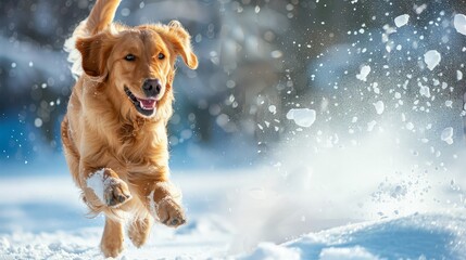Golden Retriever Running in Snow