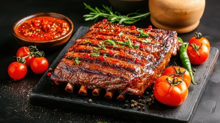 Delicious grilled ribs served with fresh tomatoes and spicy sauce, perfect for barbecue lovers and food enthusiasts.