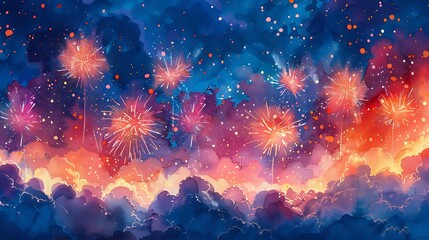 Fototapeta premium Watercolor design of festive fireworks, vibrant colors, detailed fireworks, sparkles and trails, seamless pattern, soft gradients, celebratory and dynamic, hd quality, natural look. 