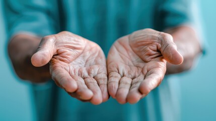 Human hands extended outward, showcasing lines and textures, symbolizing openness and vulnerability in a serene setting.