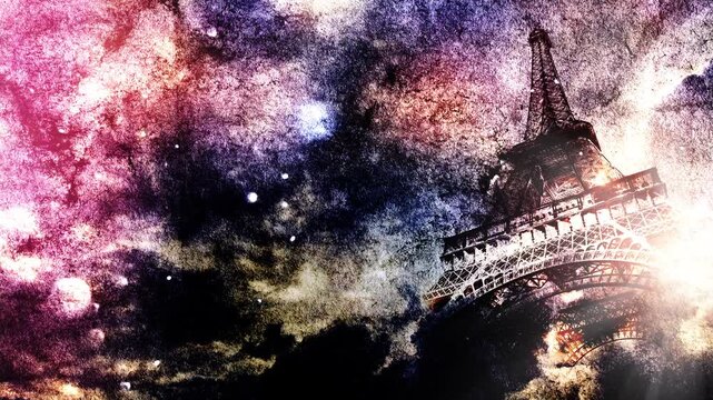 Eiffel Tower appears smoothly on old grunge paper with time lapse of clouds in the sky at sunset with slow motion video of dust flying in the air. Creative, combined 3D 4K parallax video.