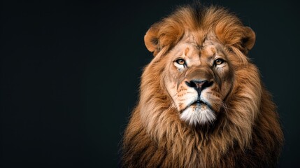 Majestic lion portrait showcasing its strength and beauty against a dark background, symbolizing power and wilderness.