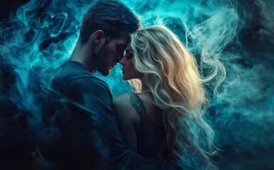 Fototapeta premium Epic Fantasy Love: A Supernatural YA Vision of Enigmatic Gold-Haired Woman and Muscular Man Entwined in a Surreal, Dystopian Romance of Light and Darkness.