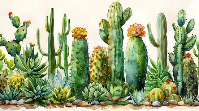 Watercolor design of various cacti and succulents, green and sandy hues, diverse shapes and sizes, intricate details, soft blending, seamless pattern, desert aesthetic, hd quality, natural look.