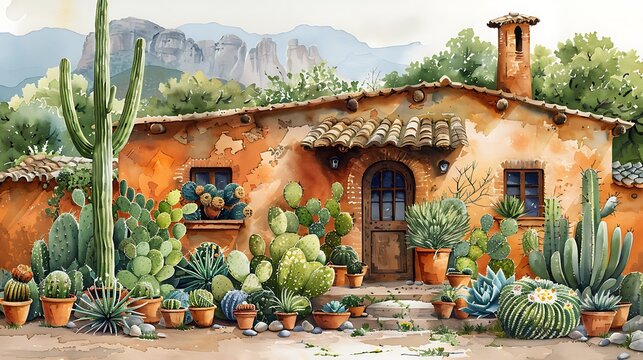 Watercolor design of various cacti and succulents, green and sandy hues, diverse shapes and sizes, intricate details, soft blending, seamless pattern, desert aesthetic, hd quality, natural look.