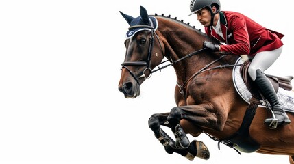 Obraz premium A horseback rider gracefully performing a jump in an equestrian competition, with the horse and rider in perfect sync. The white background highlights the elegance and precision of the moment. 