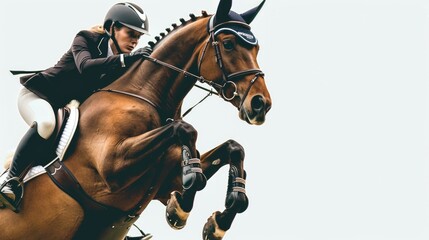 A horseback rider gracefully performing a jump in an equestrian competition, with the horse and rider in perfect sync. The white background highlights the elegance and precision of the moment. 