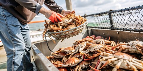 Fisherman Pulling Crab Trap on Boat. A hardworking fisherman hauls a heavy crab pot onto his small fishing boat, showcasing the rugged reality of traditional fishing practices.