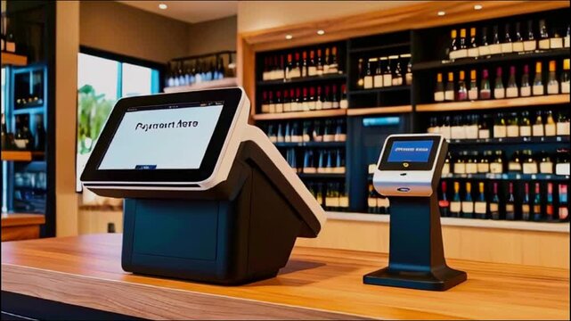 Stylish Wine Store Setting: A Sleek Black and White POS Terminal with a Payment Touchscreen Interface, Positioned on a Wooden Counter Amidst an Array of Well-Lit Wine Bottles and Natural Light