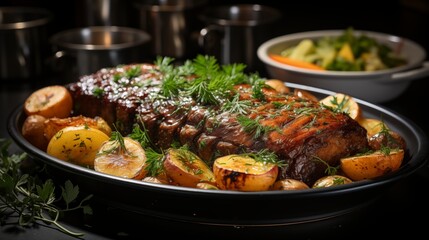Fototapeta premium Close-up of pot roast, delicious textures captured, front view from above, studio lighting, white background.