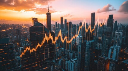 Fototapeta premium Business growth visualization with upward trending financial charts and a city skyline in the background