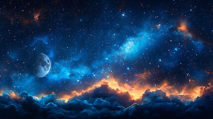 Fototapeta premium Watercolor pattern of the night sky, constellations and stars, midnight blue and violet hues, crescent moons, soft glowing stars, subtle nebula details, celestial and serene, hd quality, natural look.