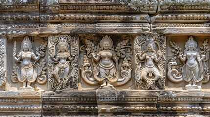 A close-up view of the elaborate bas-reliefs and sculptures on Angko