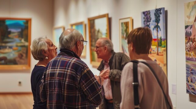 Group of mature adults admiring art in a museum, enjoying a cultural experience together