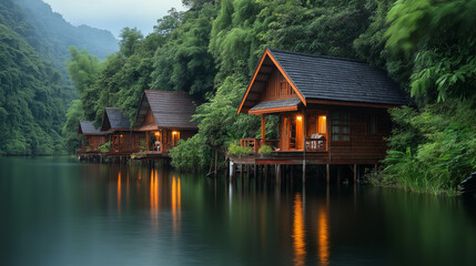 Fototapeta premium Beautiful traditional Thai wooden house on stilts surrounded by lush green trees and set amidst a peaceful stream. The house has warm light shining from inside reflecting on the peaceful water.