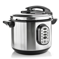 Stainless steel pressure cooker with digital display.