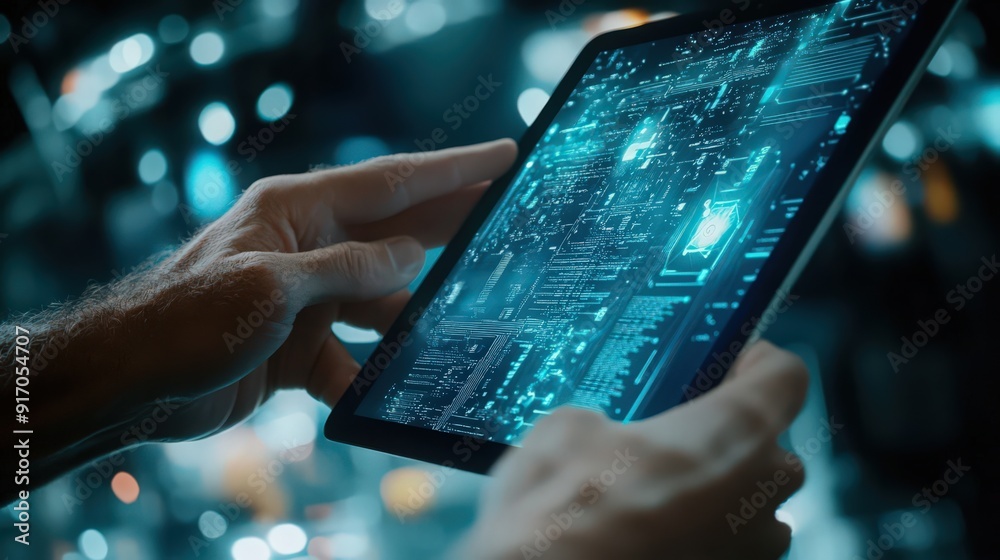 Aufkleber a computer programmer integrates ai and digital technology with a digital tablet for efficient big d