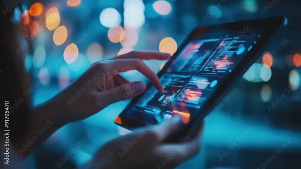 Poster a computer programmer leverages ai and digital technology on a digital tablet
