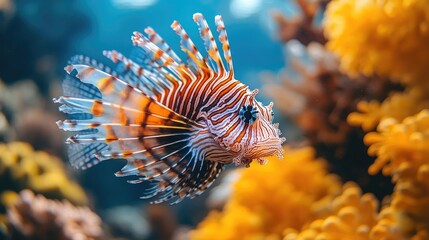 Ornate lionfish swimming elegantly over the ocean floor, its striking fins and bold patterns creating a dramatic contrast against the vibrant coral backdrop