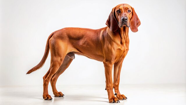 A majestic Redbone Coonhound dog with floppy ears and distinctive red coat stands solo against a pristine white background, showcasing its rugged beauty.