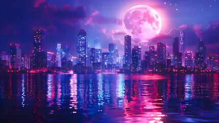 Fototapeta premium Night city in the light of the moon and neon lights 