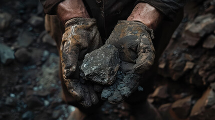 Fototapeta premium A close-up photograph of a miner's hands holding rough minerals, rugged texture, and dirt-covered gloves