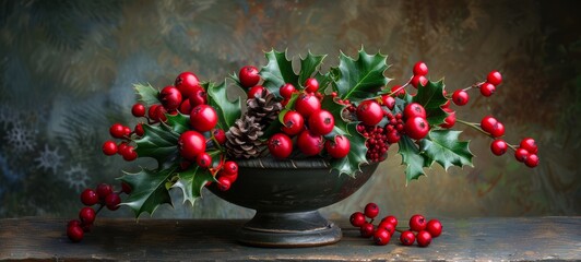 A close-up of a holly and berry arrangement. The rich colors and details make it perfect for holiday themes or festive decorations. Photograph, horizontal format.
