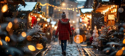 Naklejka premium A person in a red coat walking through a Christmas market, surrounded by festive lights and decorations. Perfect for holiday season or winter festivity themes. Photograph, horizontal format. 