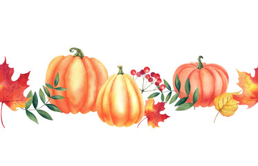 Autumn leaves of maple, oak, birch, viburnum and pumpkin berries on a white background. Seamless border made of watercolor plants. The botanical illustration is made by hand. Clipart for the design