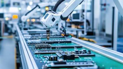 High-precision robot arms on a fully automated PCB assembly line in a bright, contemporary electronics factory, illustrating advanced manufacturing processes