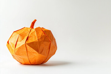 Voluminous origami-style paper pumpkin on a white background. Background for autumn advertisement with space for text.	